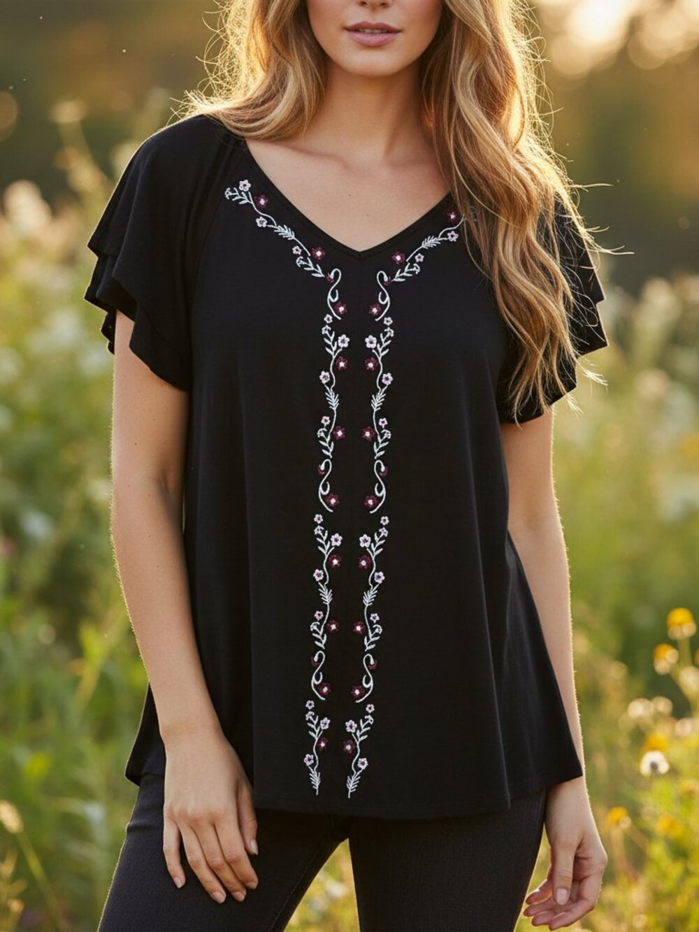 White Stag M 8 10 Top Black Embroidered Knit Flutter Swing Boho Cottage Chic